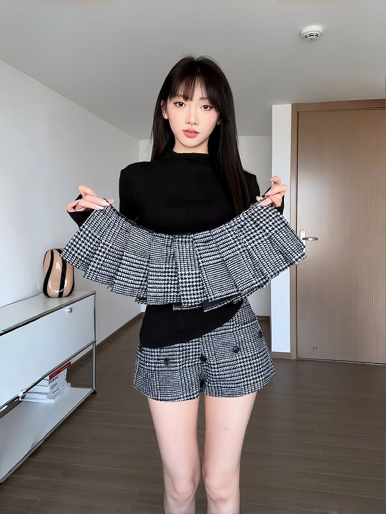 Wool Blend Houndstooth Plaid Pleated Skirt, Detachable 2-in-1 Thick Skort