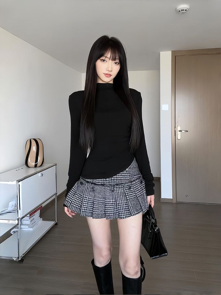Wool Blend Houndstooth Plaid Pleated Skirt, Detachable 2-in-1 Thick Skort