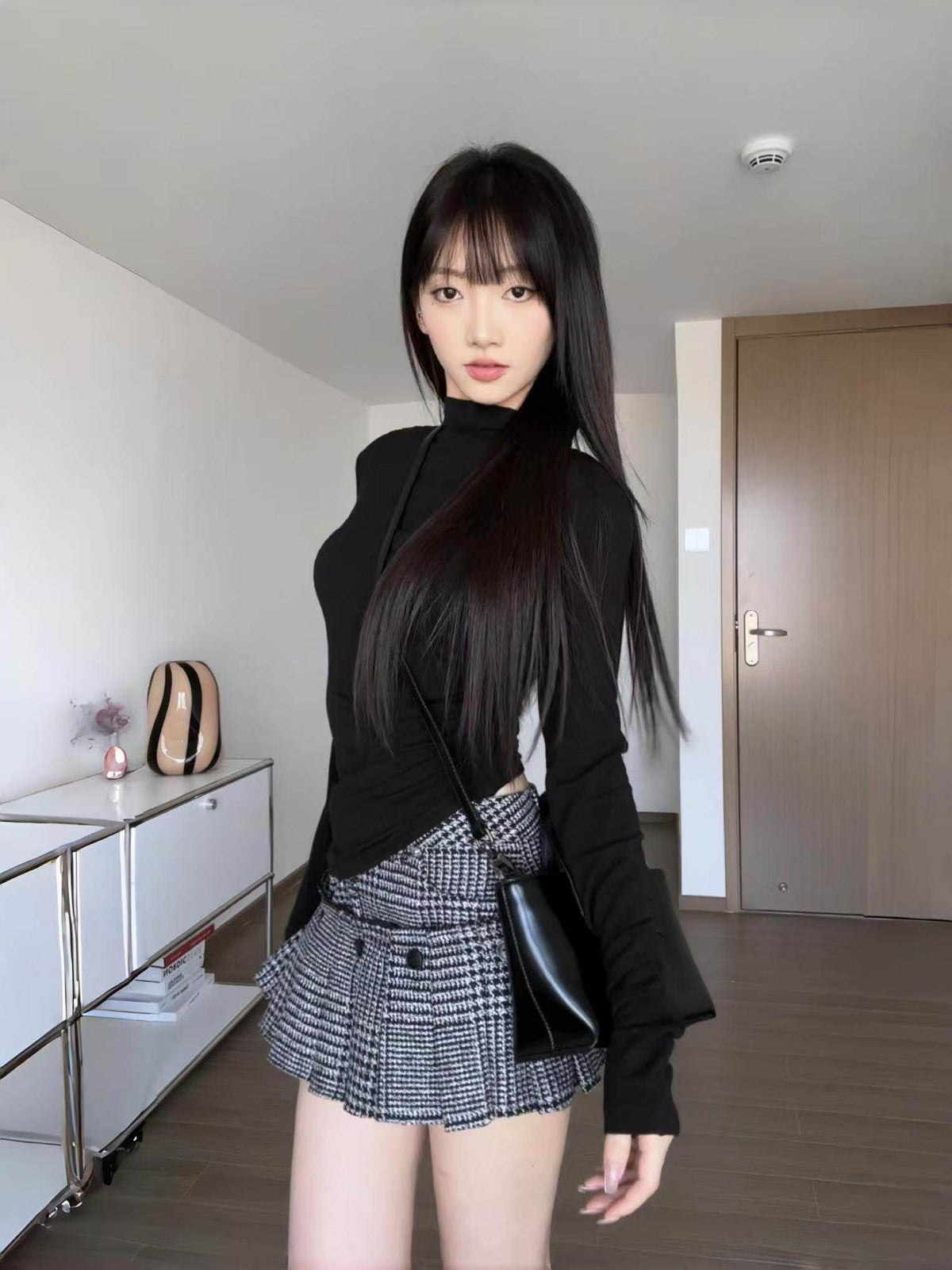 Wool Blend Houndstooth Plaid Pleated Skirt, Detachable 2-in-1 Thick Skort