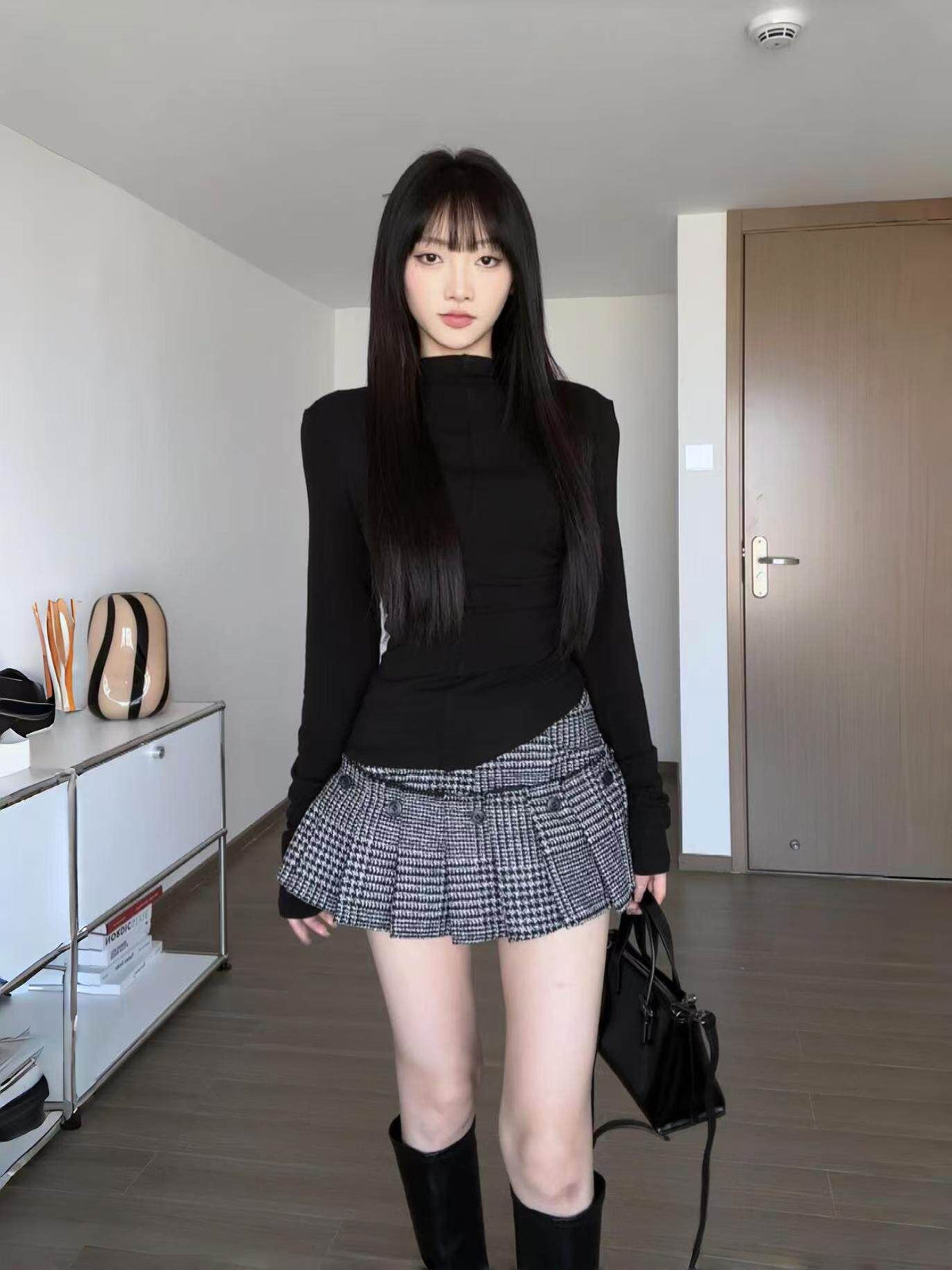 Wool Blend Houndstooth Plaid Pleated Skirt, Detachable 2-in-1 Thick Skort