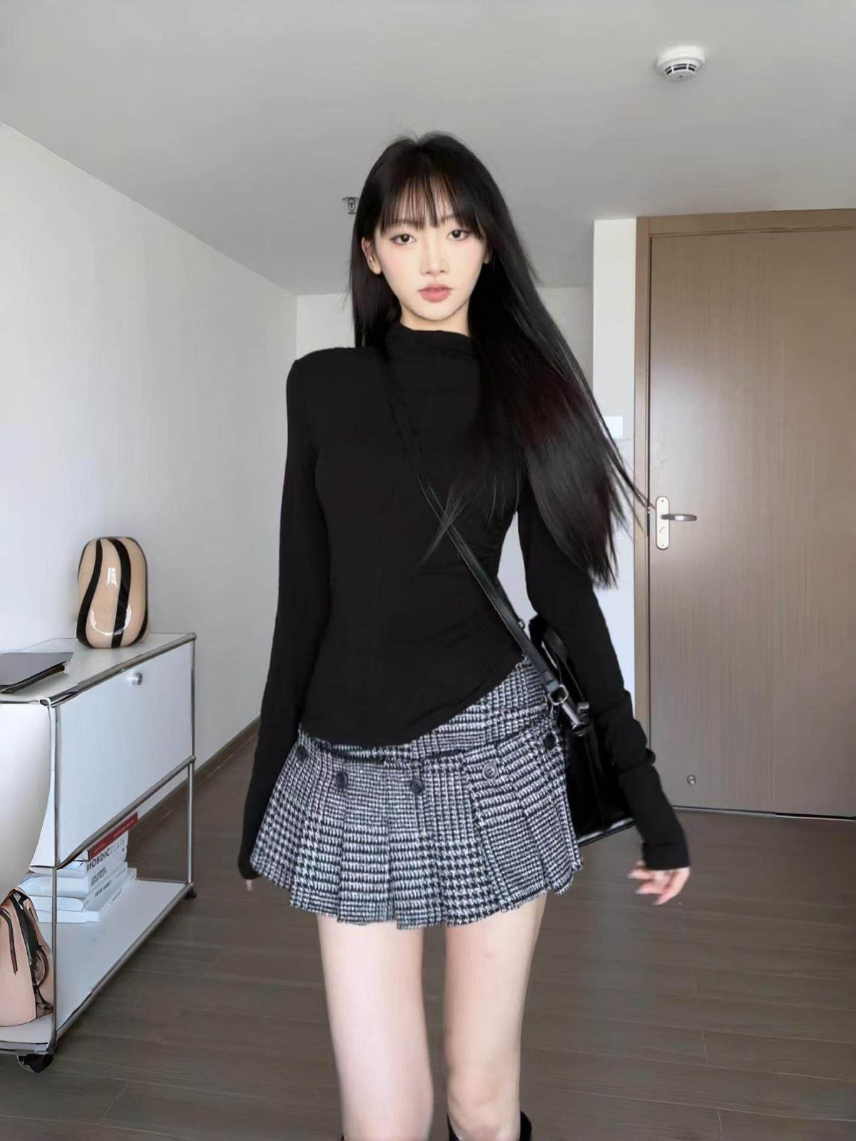 Wool Blend Houndstooth Plaid Pleated Skirt, Detachable 2-in-1 Thick Skort