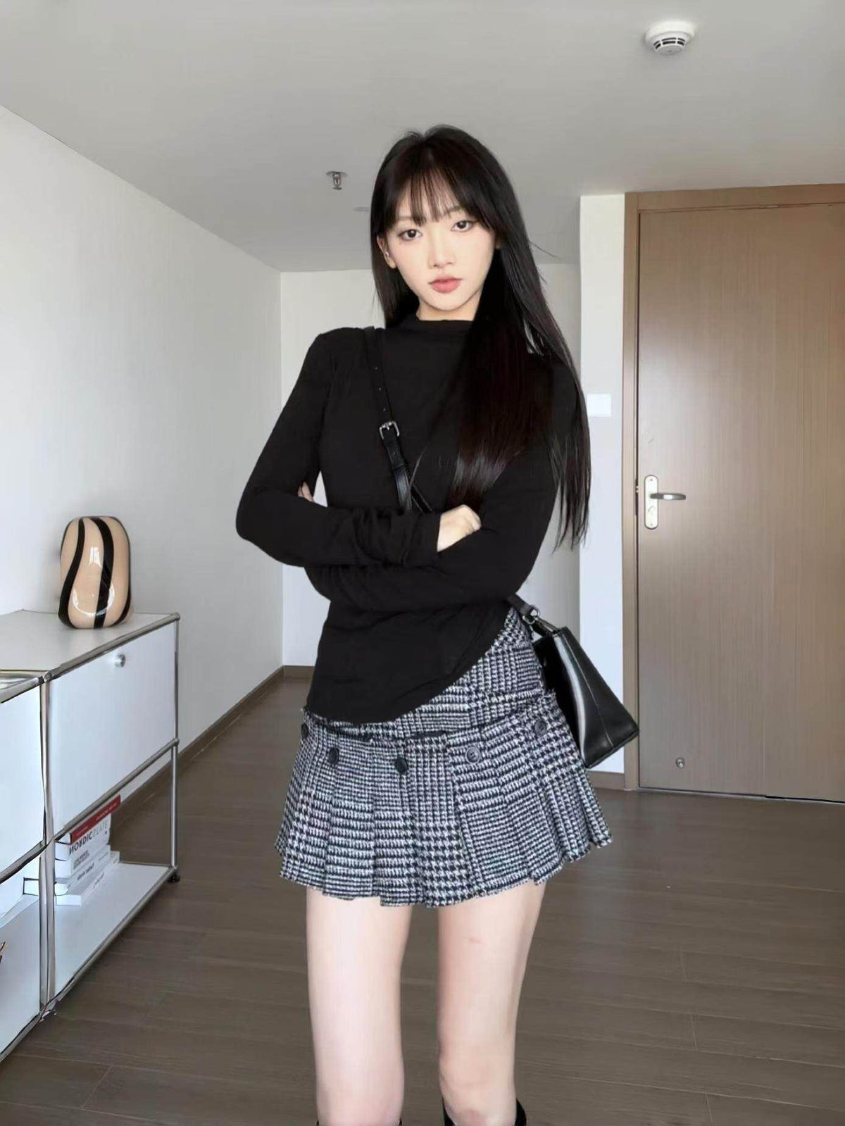 Wool Blend Houndstooth Plaid Pleated Skirt, Detachable 2-in-1 Thick Skort