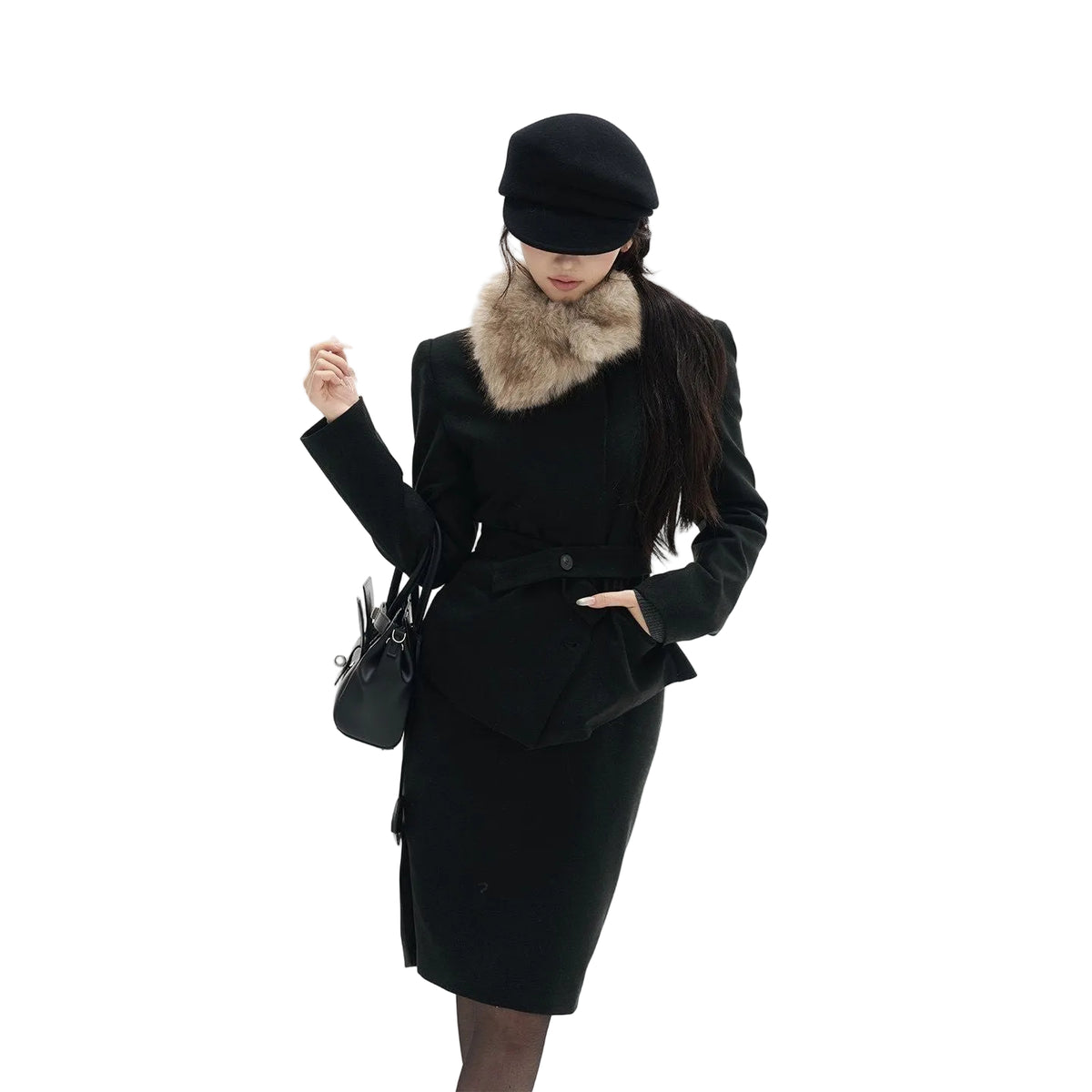 Women's Fur Collar Woolen Coat & Blazer Bodycon Skirt Set