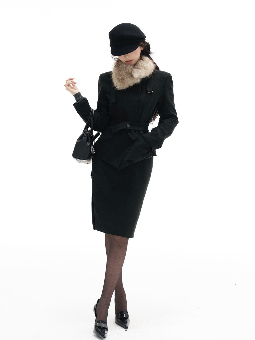 Women's Fur Collar Woolen Coat & Blazer Bodycon Skirt Set