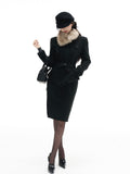 Women's Fur Collar Woolen Coat & Blazer Bodycon Skirt Set