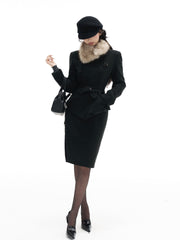 Women's Fur Collar Woolen Coat & Blazer Bodycon Skirt Set