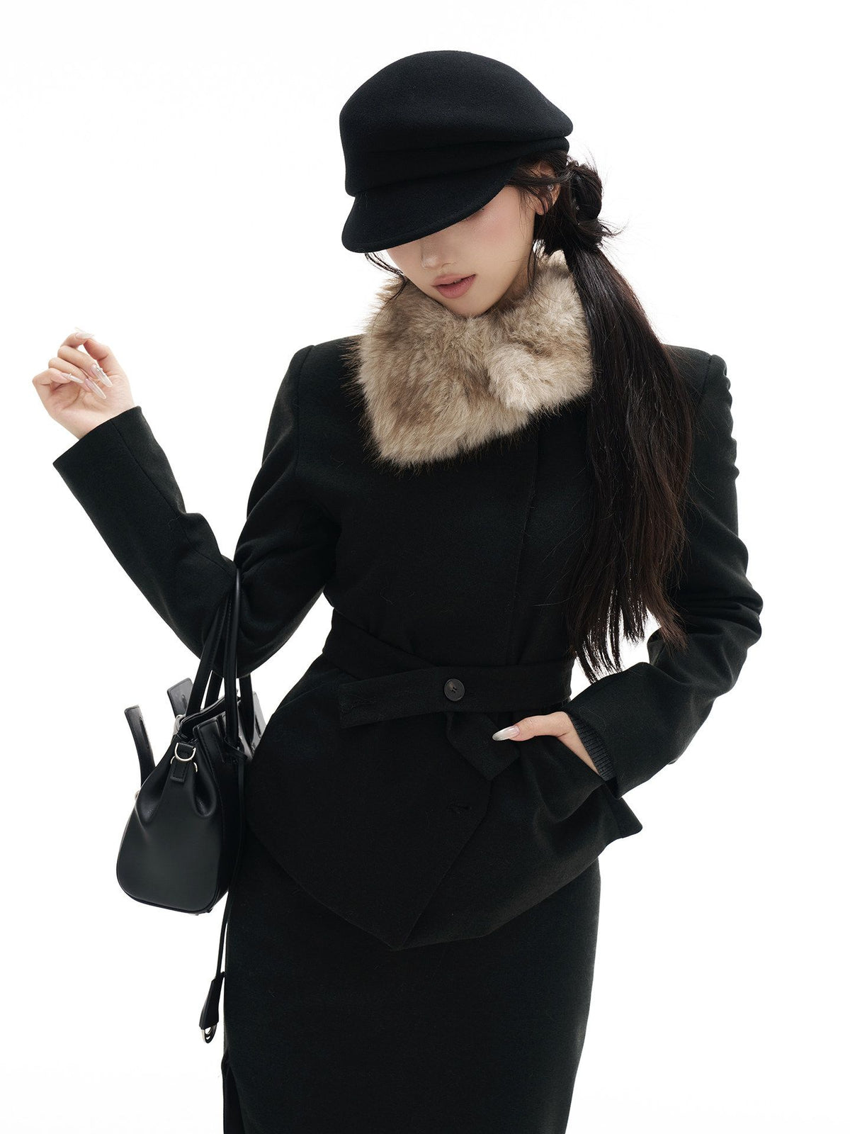 Women's Fur Collar Woolen Coat & Blazer Bodycon Skirt Set