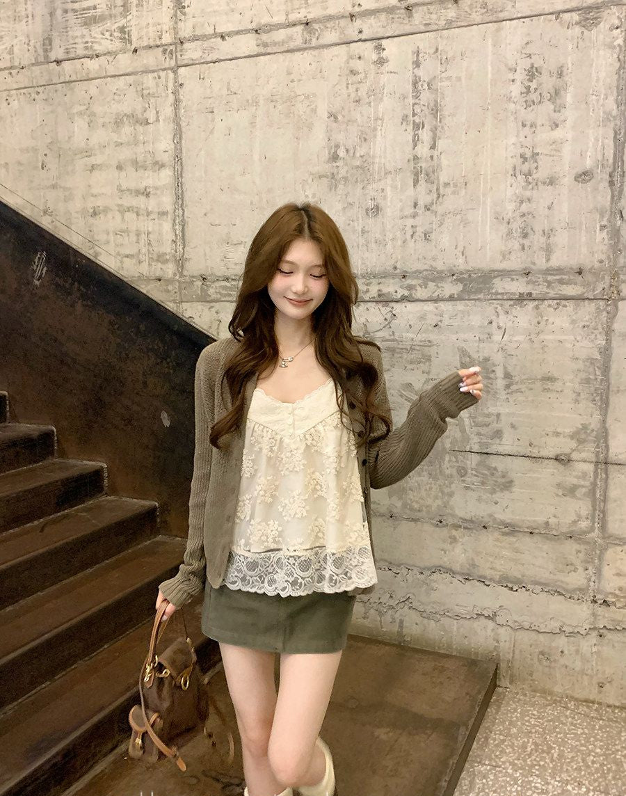 Lace Trim Cami Top & Knit Cardigan 2-Piece Set