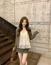Lace Trim Cami Top & Knit Cardigan 2-Piece Set