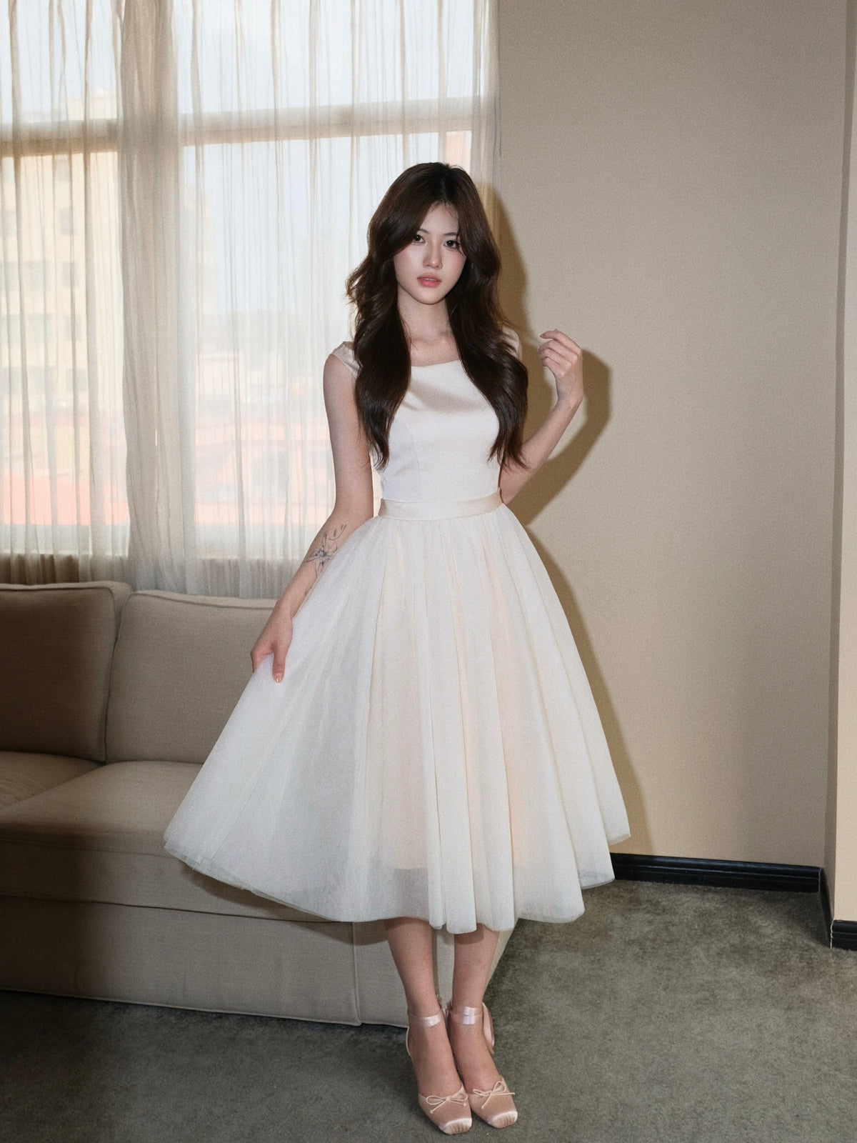 Hepburn-style Elegant Ballerina Tulle Midi Dress