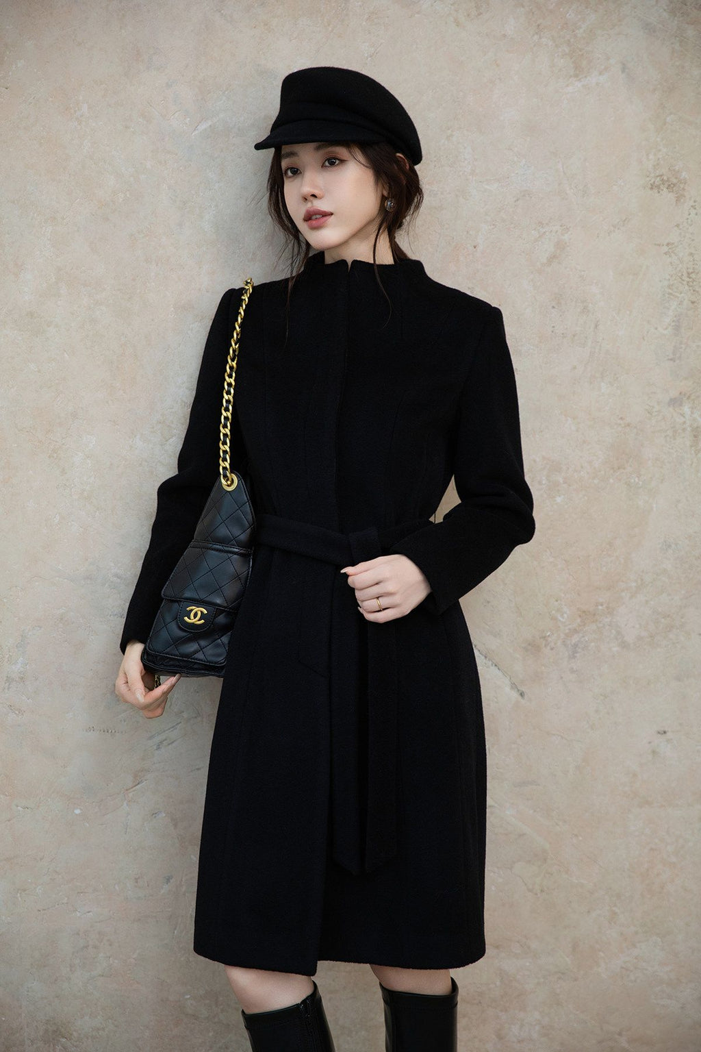 Black Slim Fit Wool Coat Women Fall Winter Woolen Overcoat