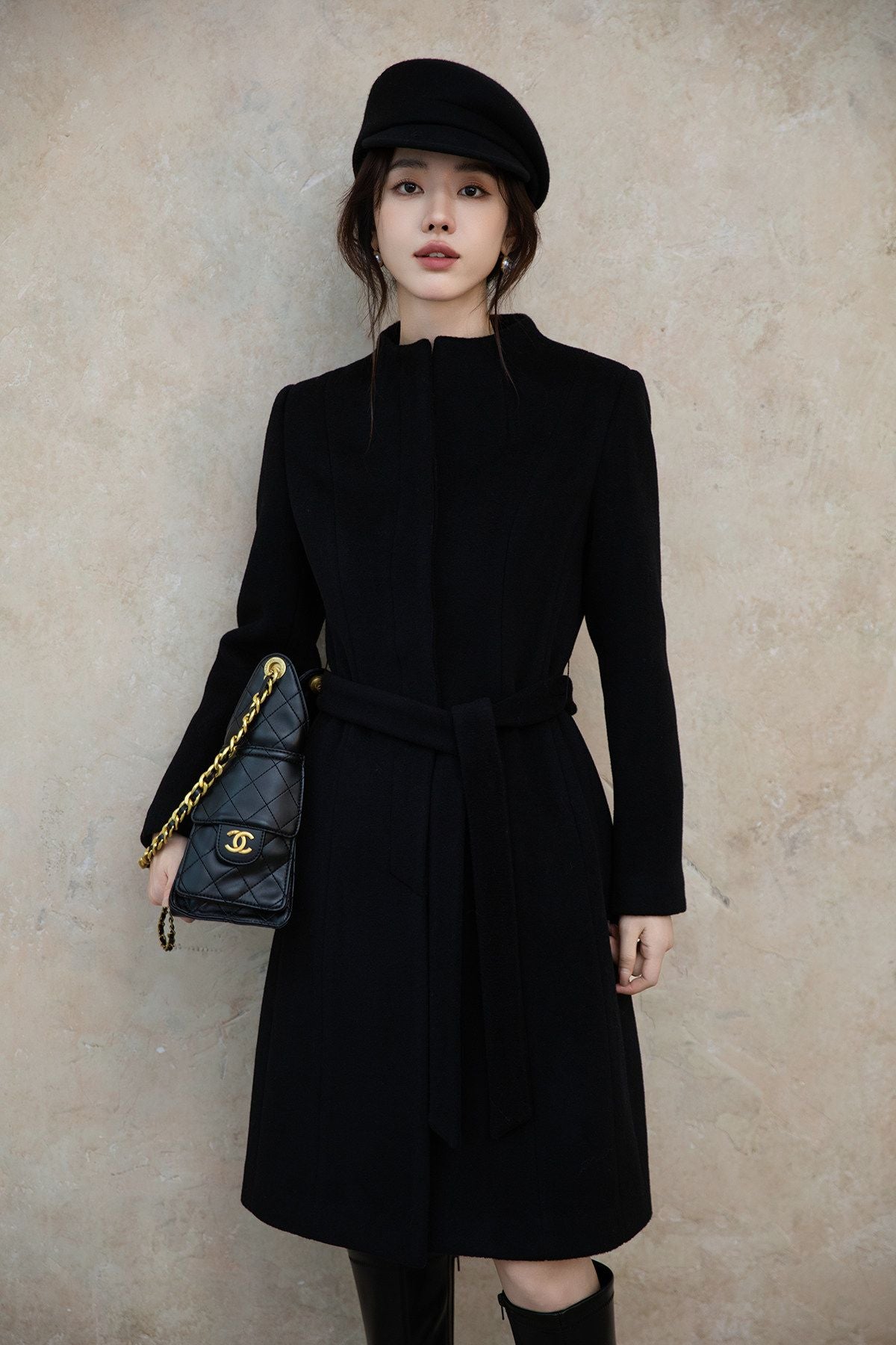 Black Slim Fit Wool Coat Women Fall Winter Woolen Overcoat