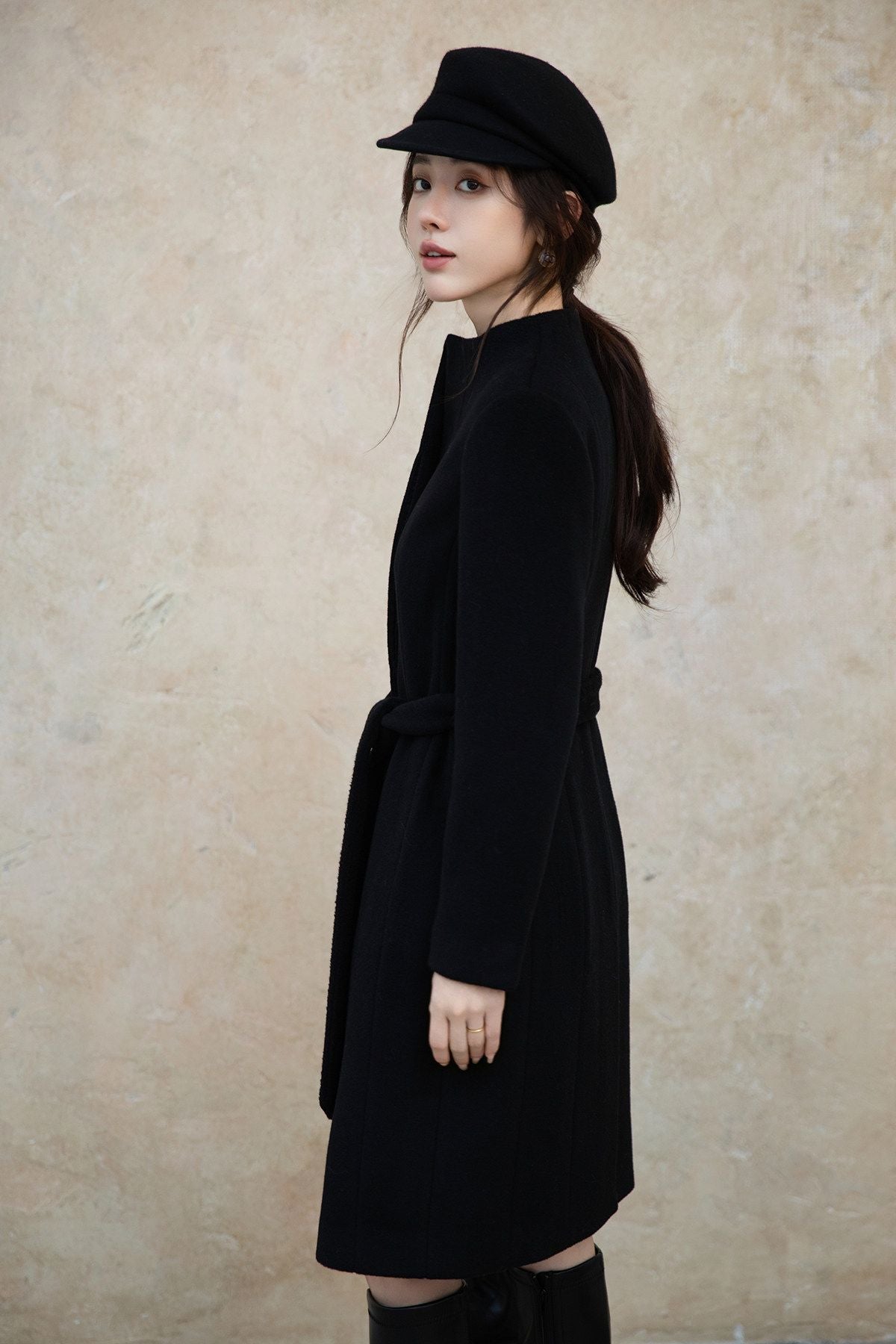 Black Slim Fit Wool Coat Women Fall Winter Woolen Overcoat