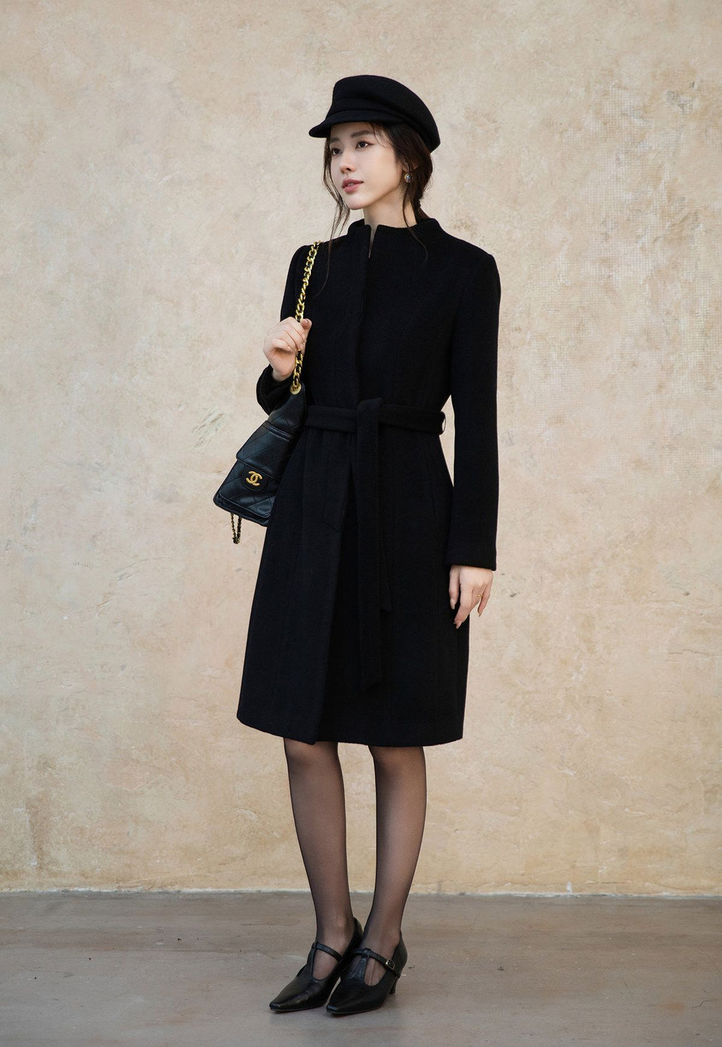 Black Slim Fit Wool Coat Women Fall Winter Woolen Overcoat