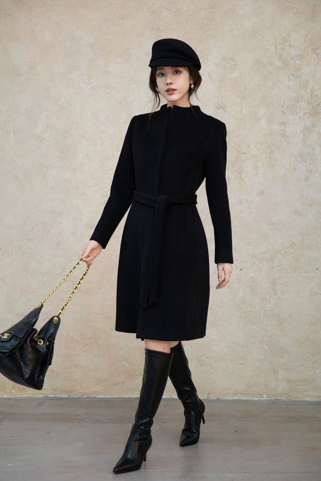 Black Slim Fit Wool Coat Women Fall Winter Woolen Overcoat