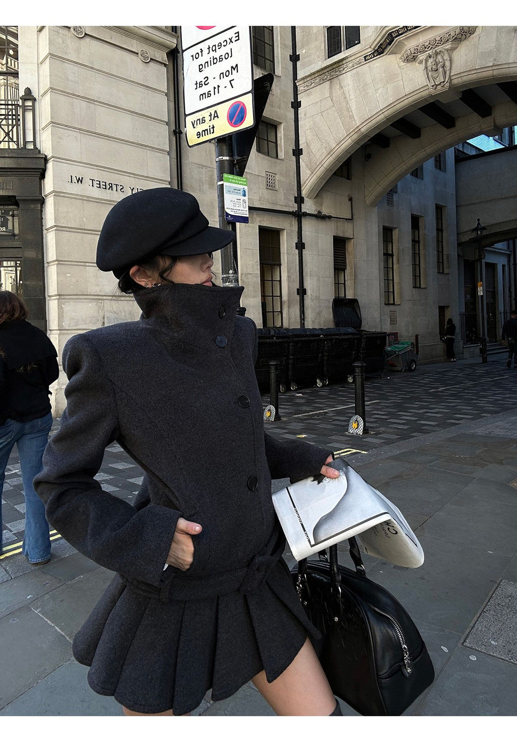 Grey Stand Collar Waist-Tied Short Wool Coat & Wool Midi Skirt Set