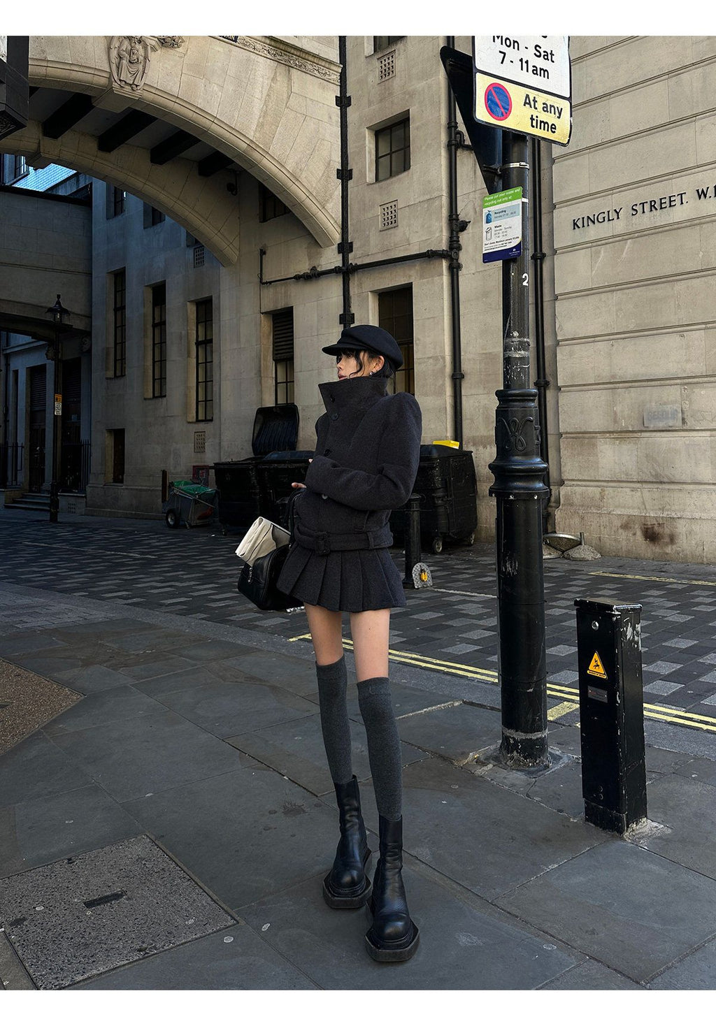 Grey Stand Collar Waist-Tied Short Wool Coat & Wool Midi Skirt Set