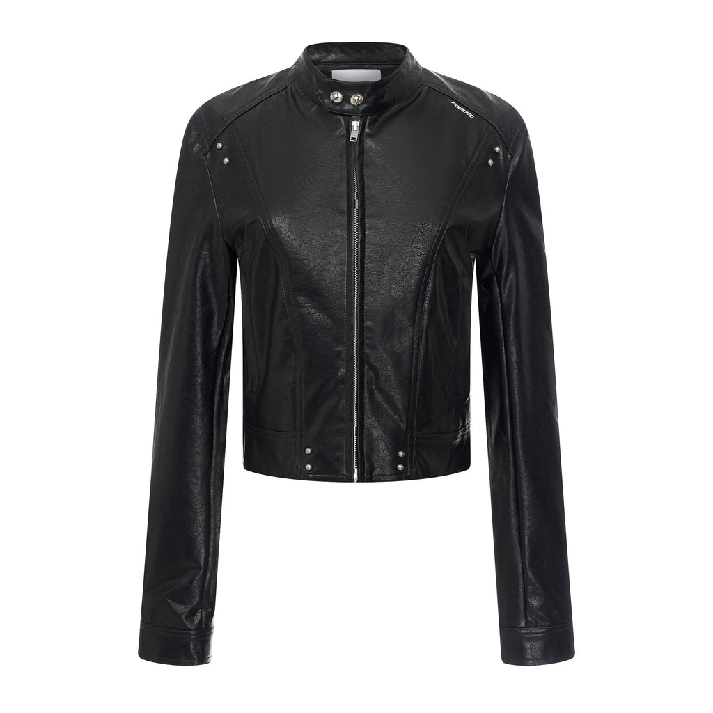 Retro PU Leather Cropped Biker Jacket, Edgy Moto Crop Coat