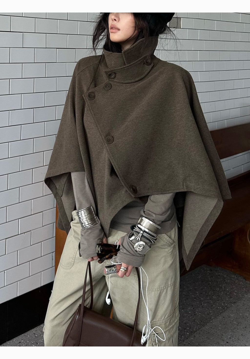 Cape Shawl Woolen Coat Loose Stand Collar Outerwear