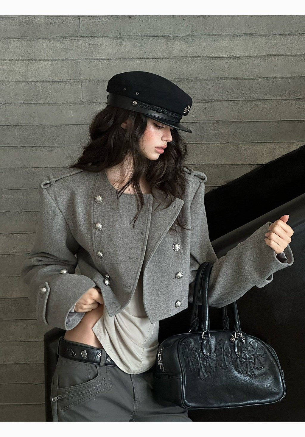 Grey Cropped Napoleon Wool Coat with Shoulder Pads