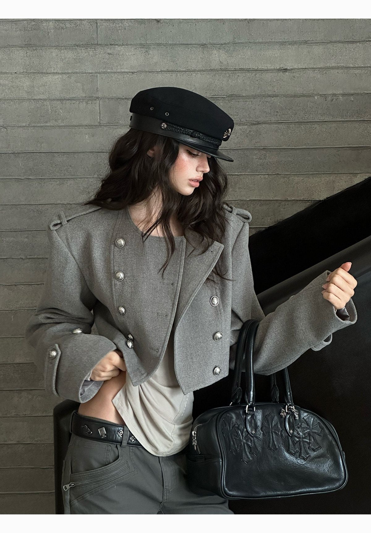 Grey Cropped Napoleon Wool Coat with Shoulder Pads