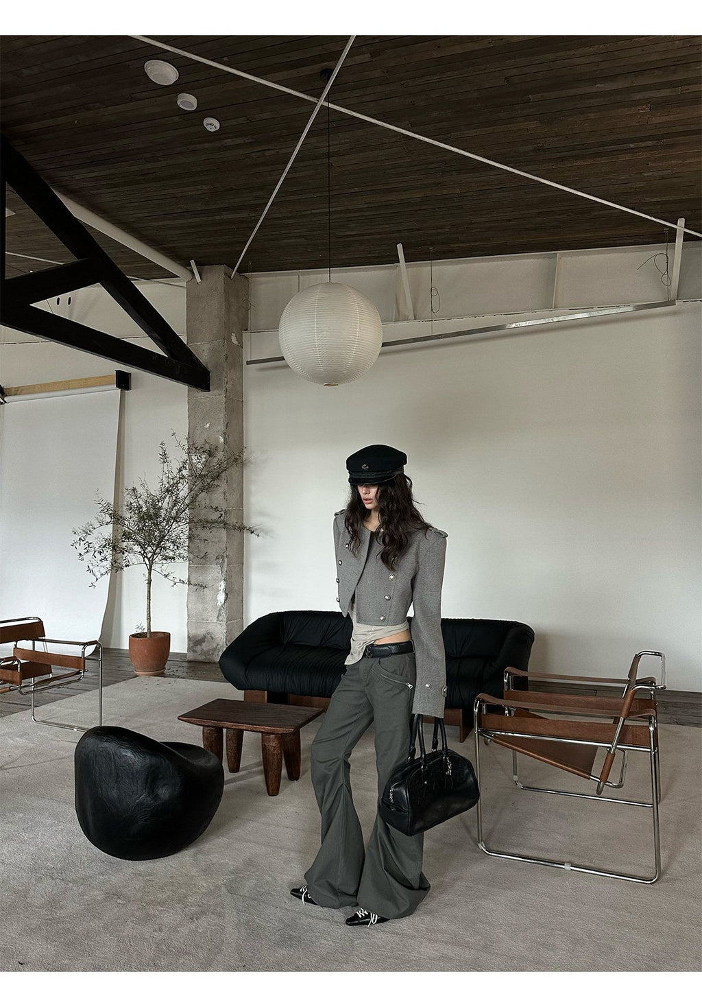 Grey Cropped Napoleon Wool Coat with Shoulder Pads