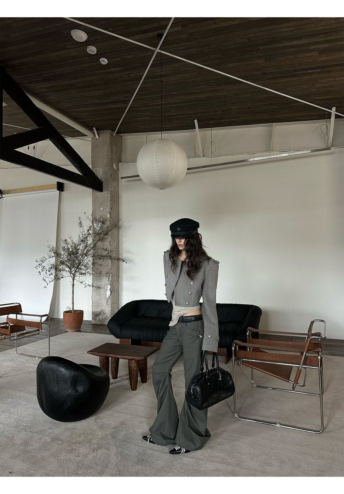 Grey Cropped Napoleon Wool Coat with Shoulder Pads
