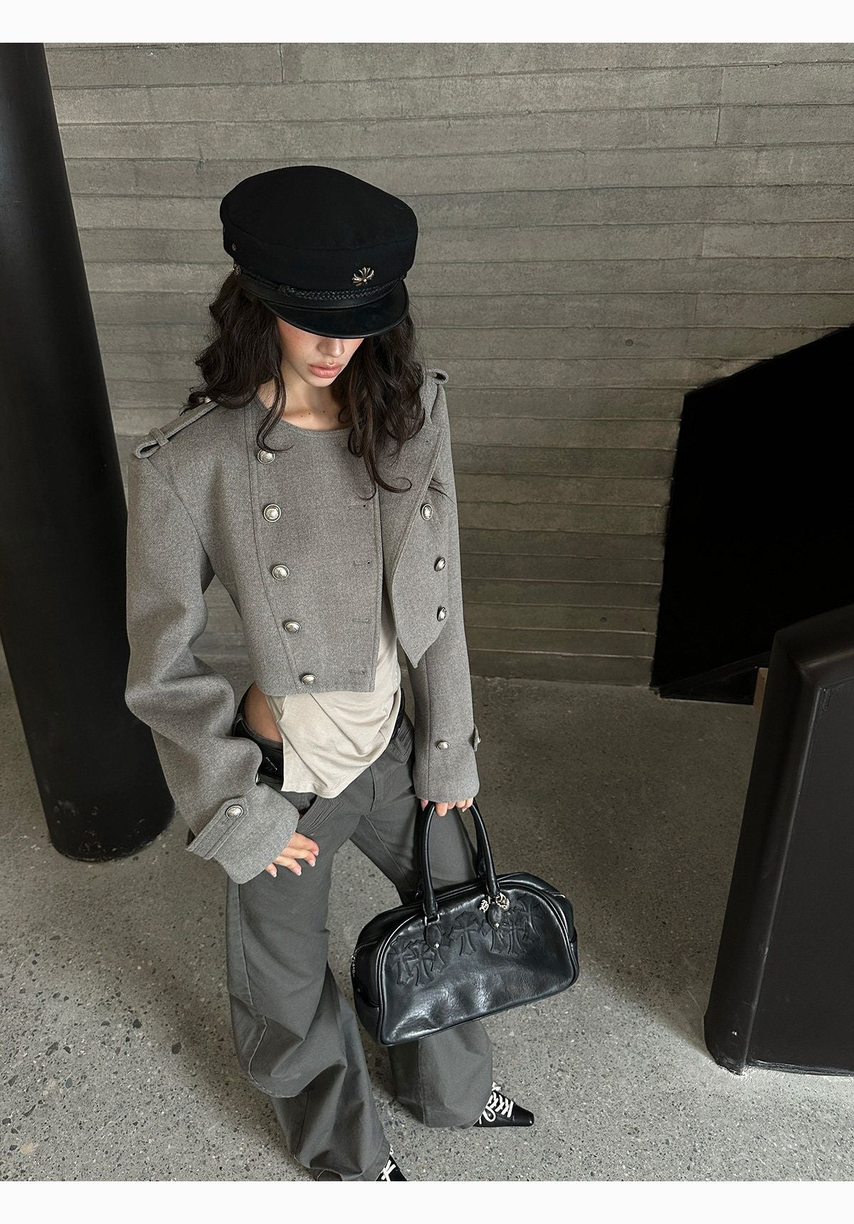 Grey Cropped Napoleon Wool Coat with Shoulder Pads