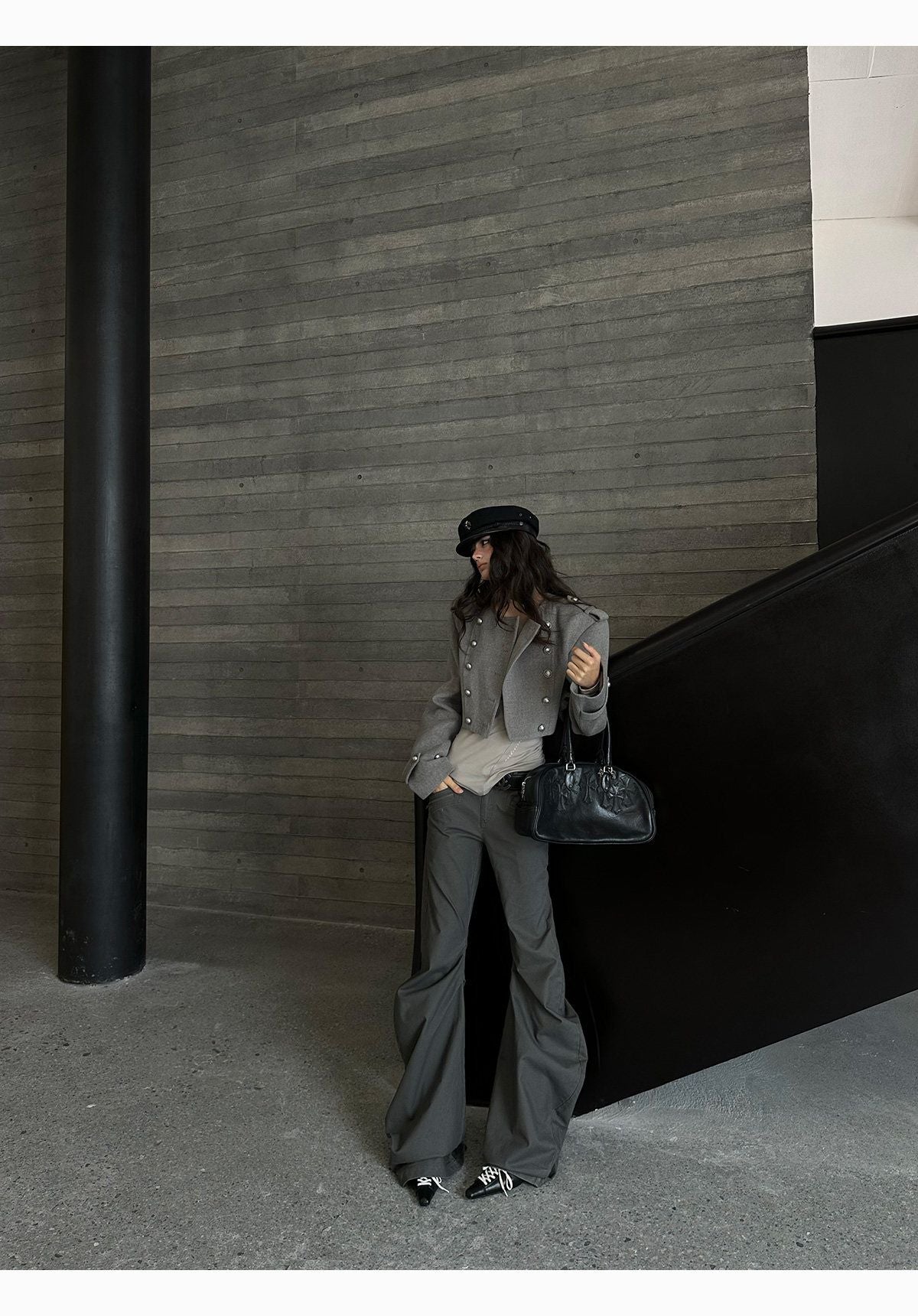Grey Cropped Napoleon Wool Coat with Shoulder Pads