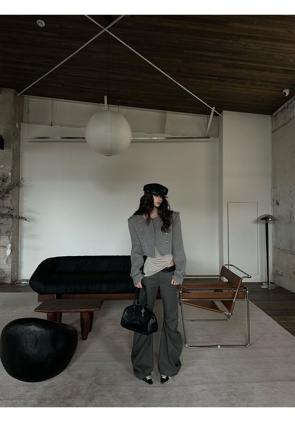 Grey Cropped Napoleon Wool Coat with Shoulder Pads