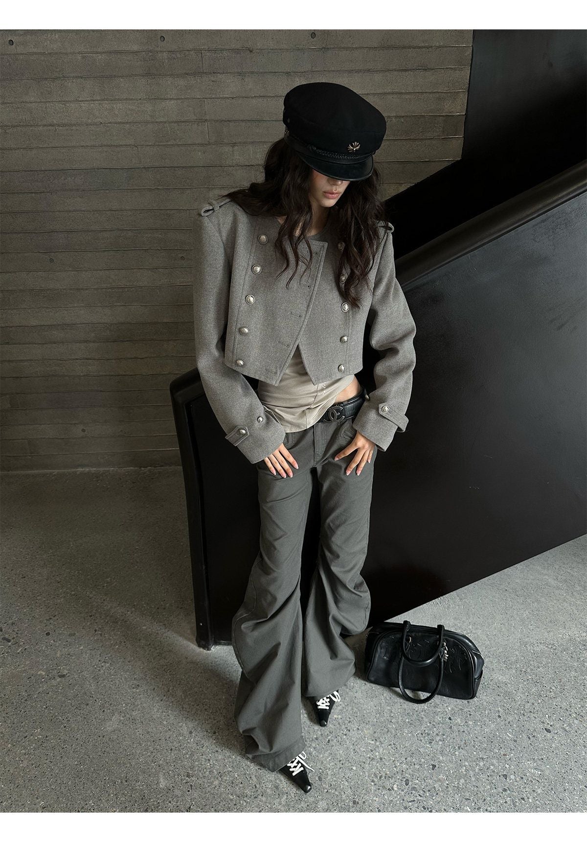 Grey Cropped Napoleon Wool Coat with Shoulder Pads