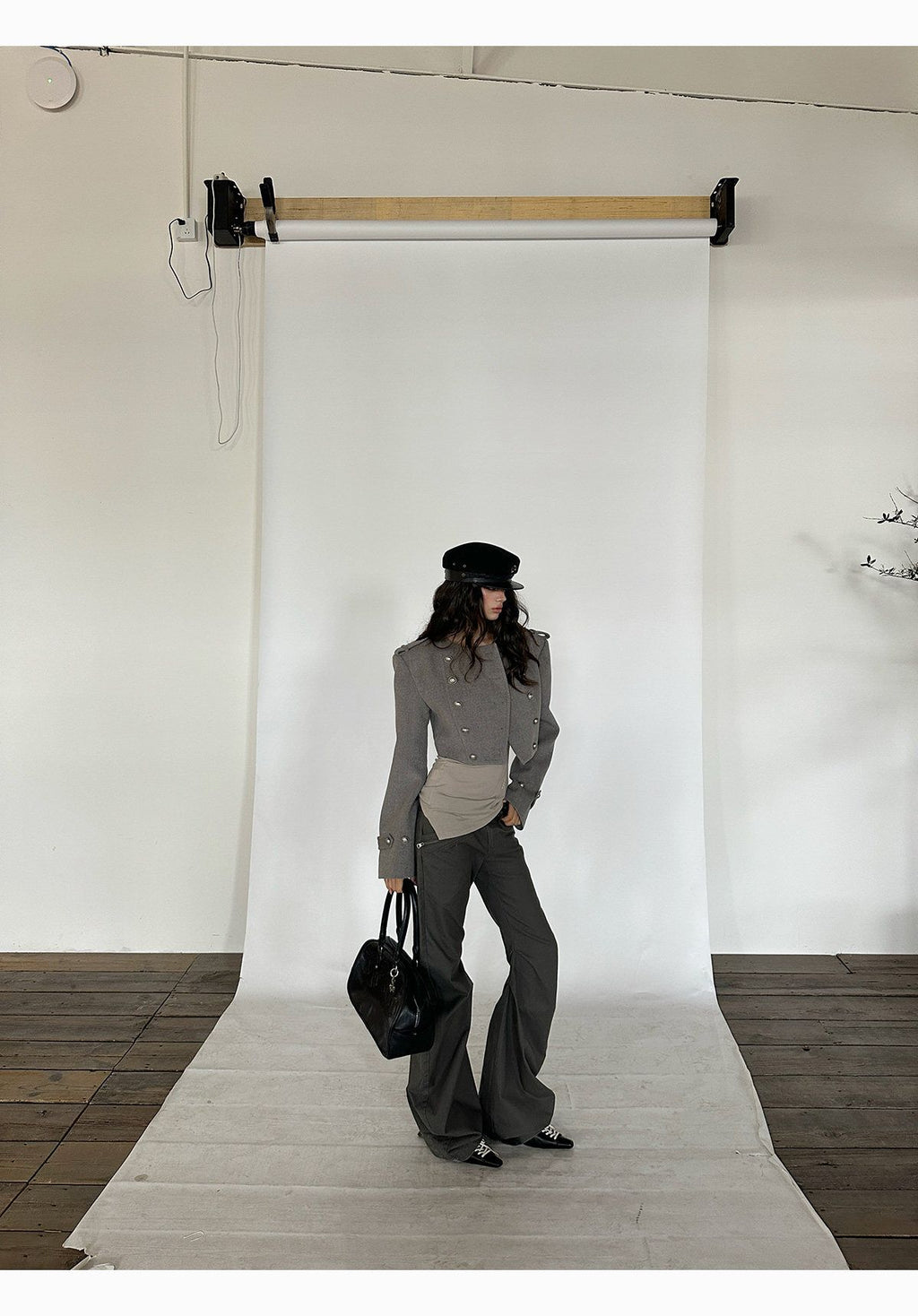 Grey Cropped Napoleon Wool Coat with Shoulder Pads