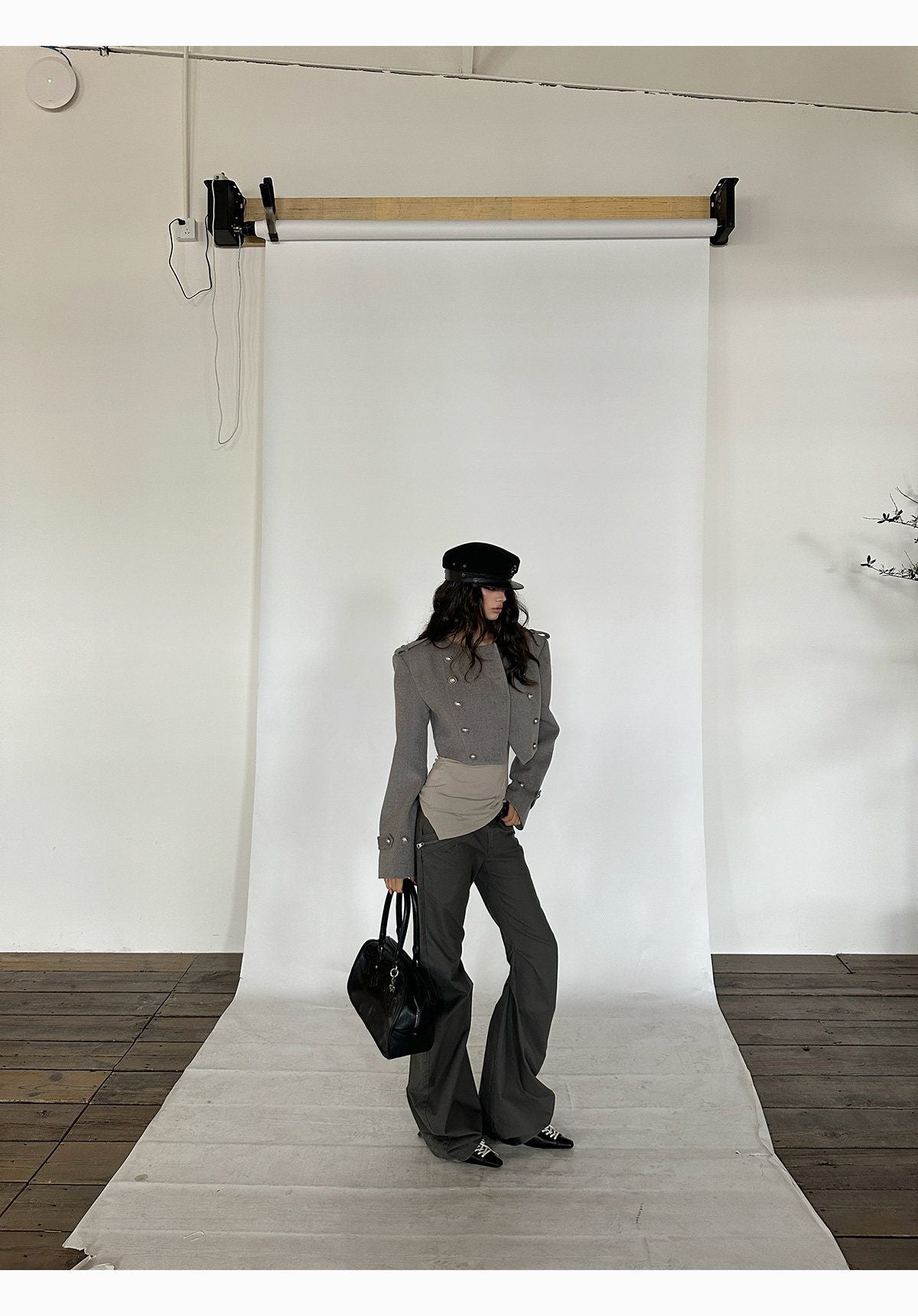 Grey Cropped Napoleon Wool Coat with Shoulder Pads
