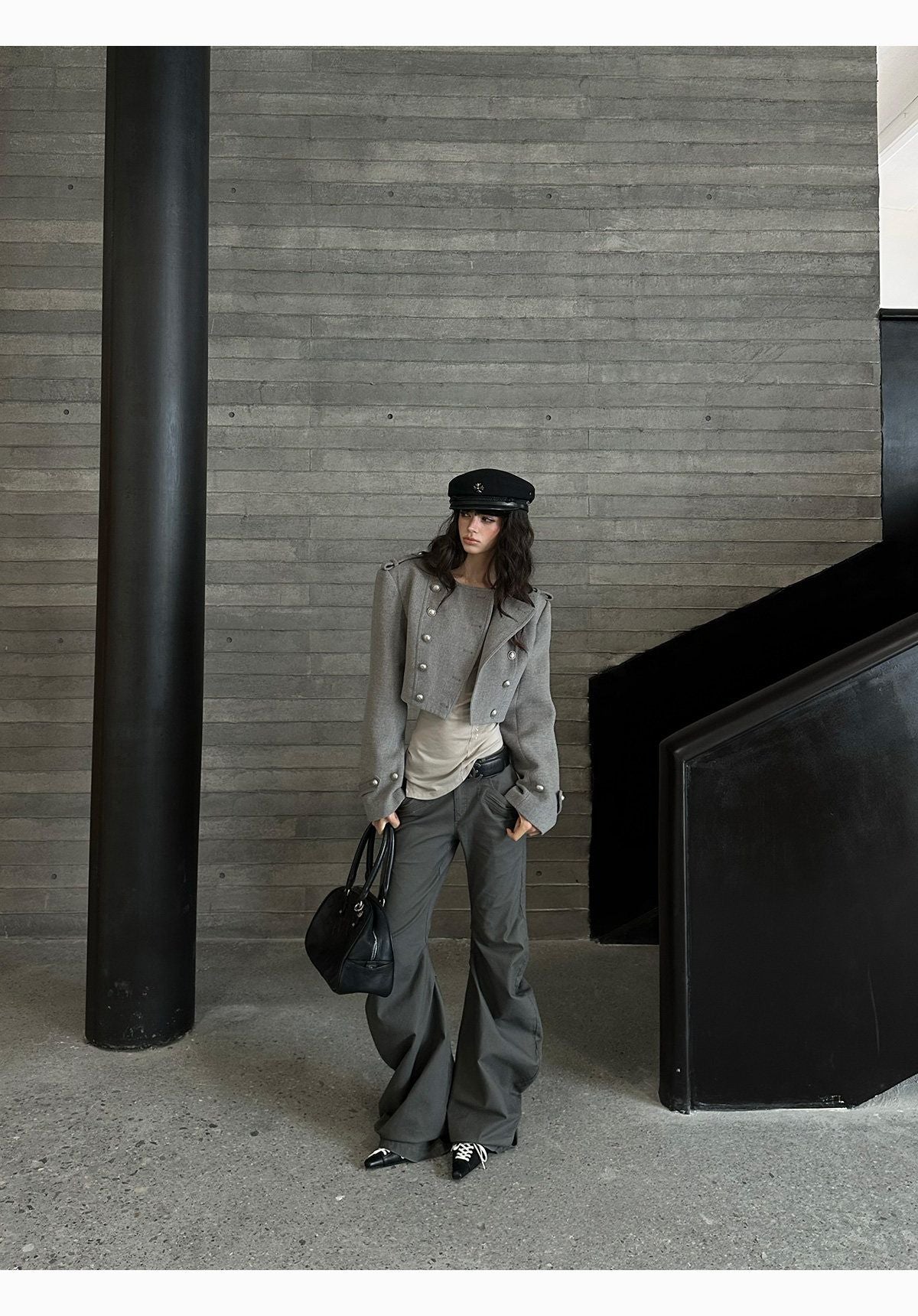 Grey Cropped Napoleon Wool Coat with Shoulder Pads