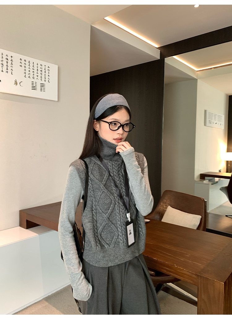 Dark Grey Reversible High Neck Knit Vest Women Autumn Winter