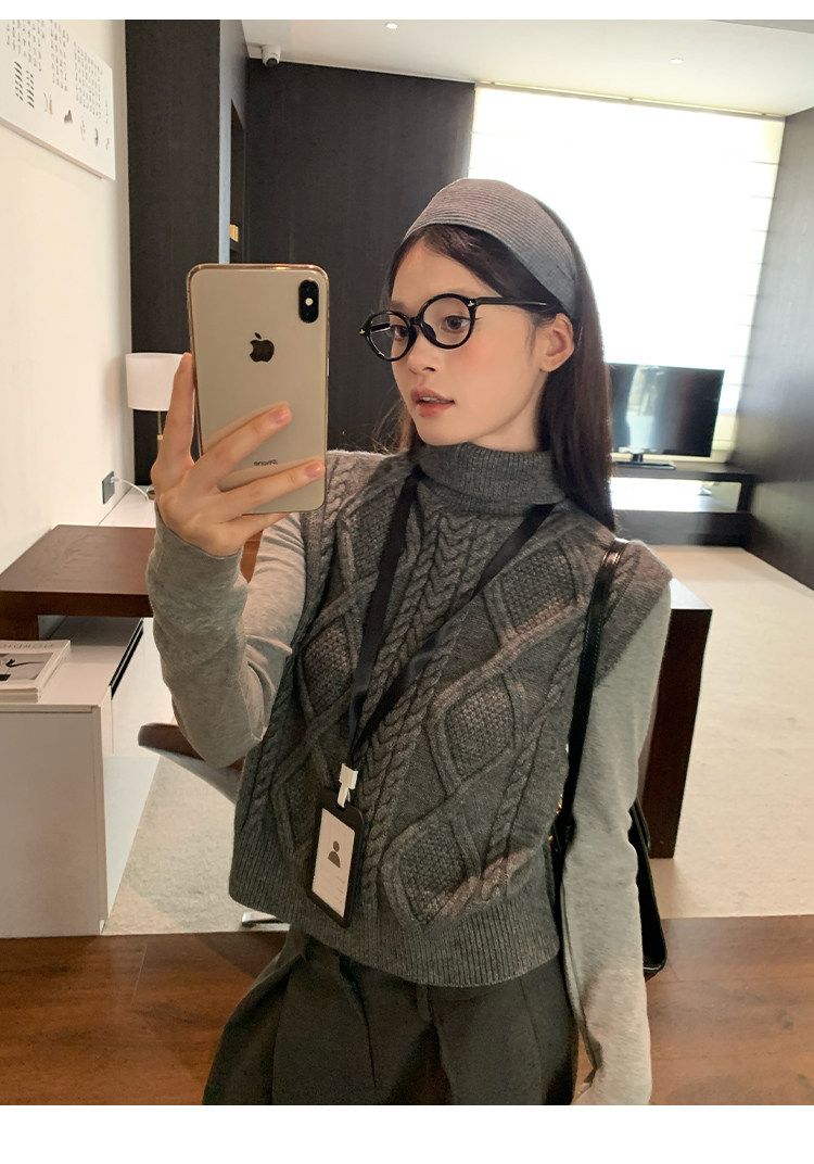 Dark Grey Reversible High Neck Knit Vest Women Autumn Winter