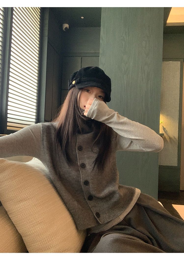 Dark Grey Reversible High Neck Knit Vest Women Autumn Winter