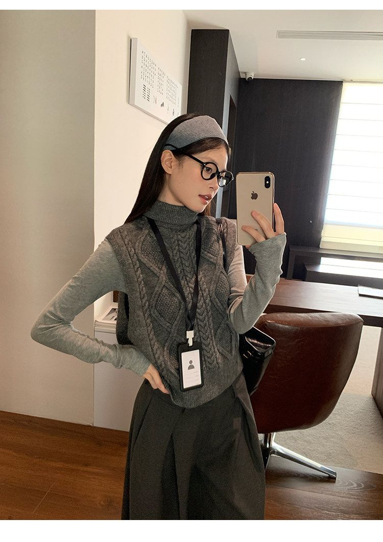 Dark Grey Reversible High Neck Knit Vest Women Autumn Winter