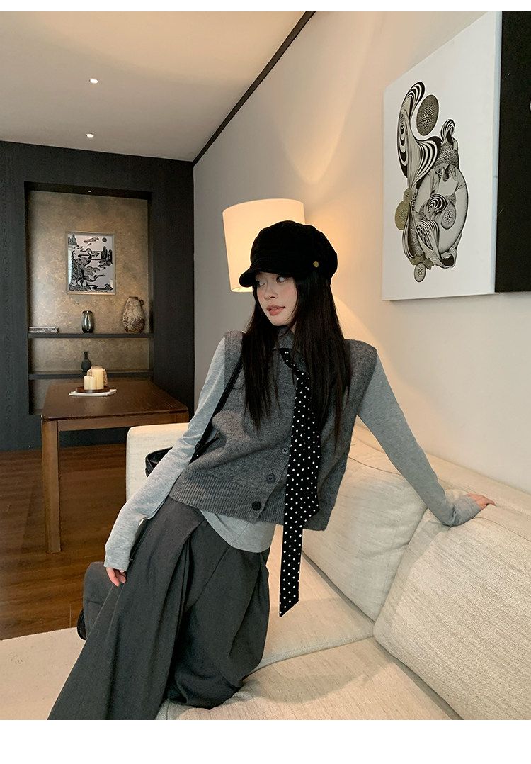 Dark Grey Reversible High Neck Knit Vest Women Autumn Winter