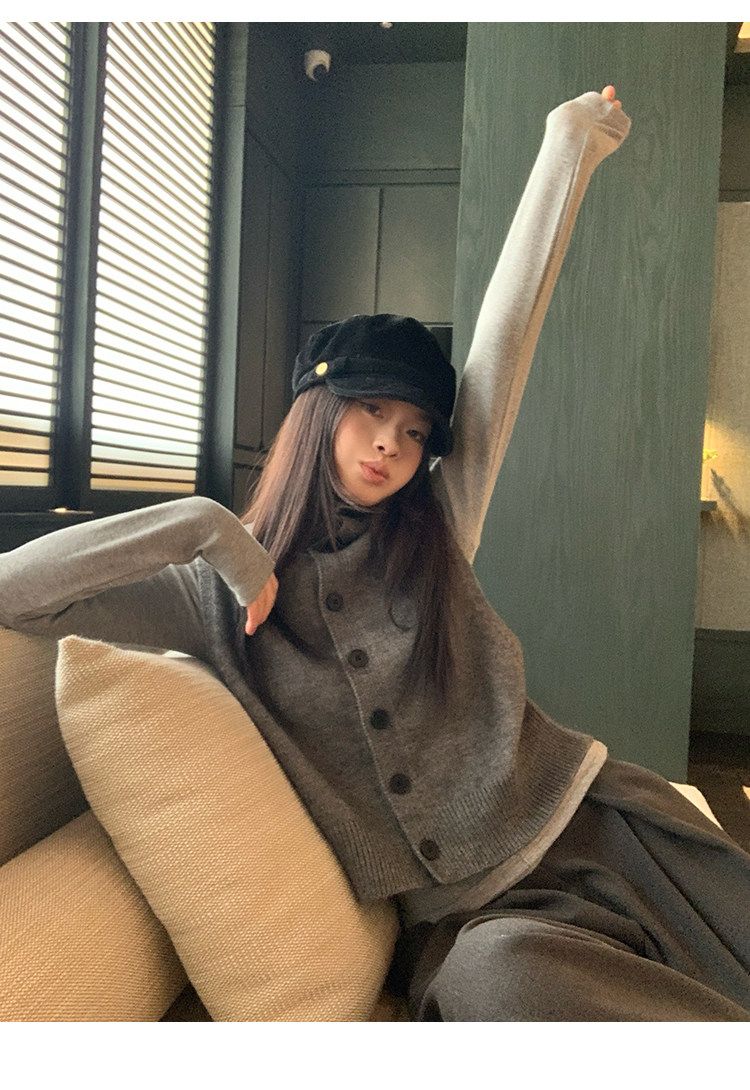 Dark Grey Reversible High Neck Knit Vest Women Autumn Winter