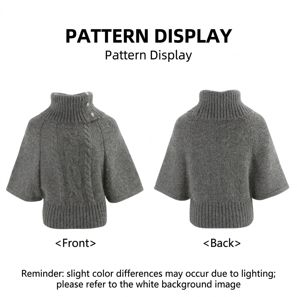 Grey Cable Knit High Neck Batwing Short Sweater