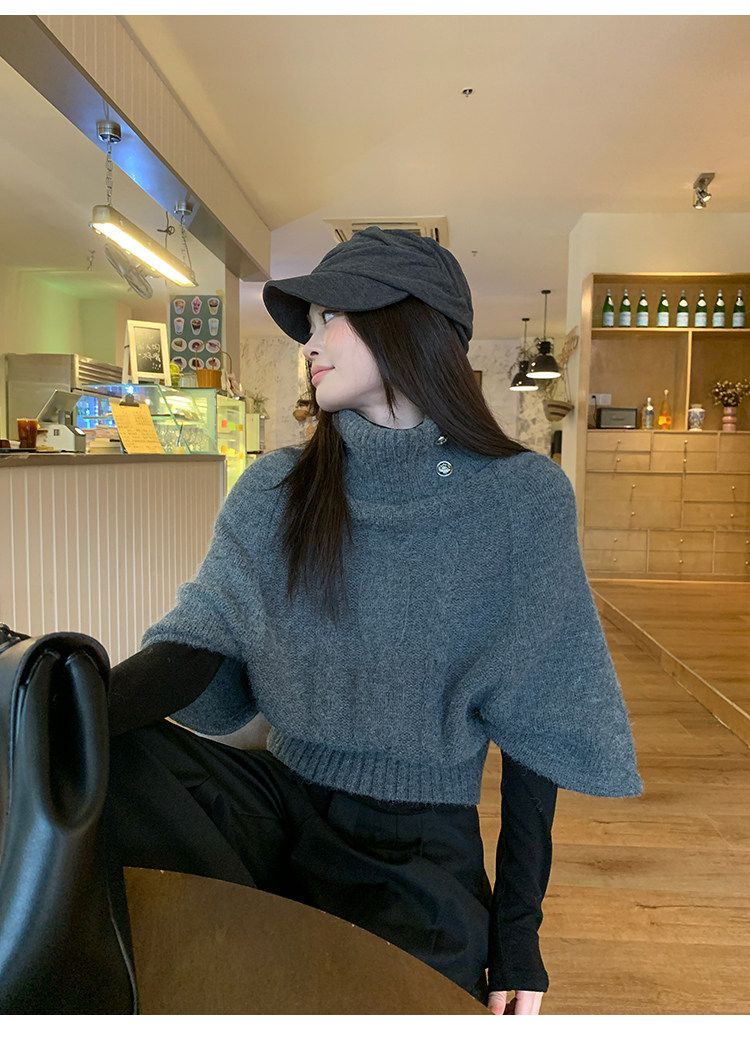 Grey Cable Knit High Neck Batwing Short Sweater