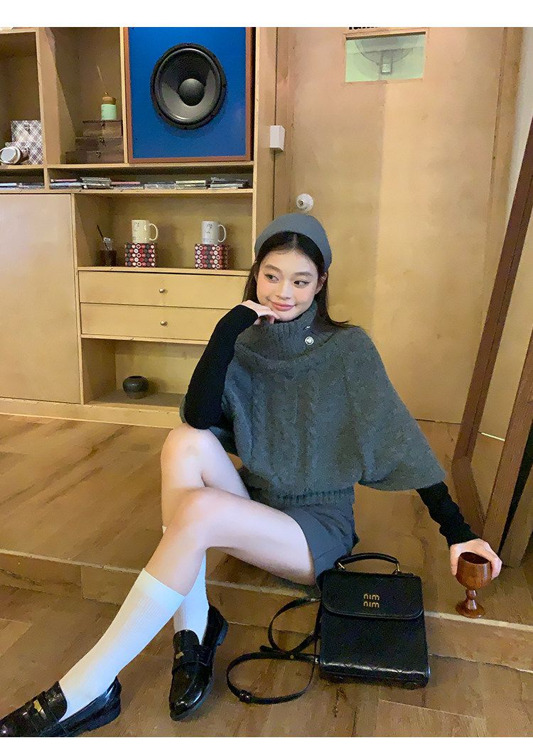 Grey Cable Knit High Neck Batwing Short Sweater