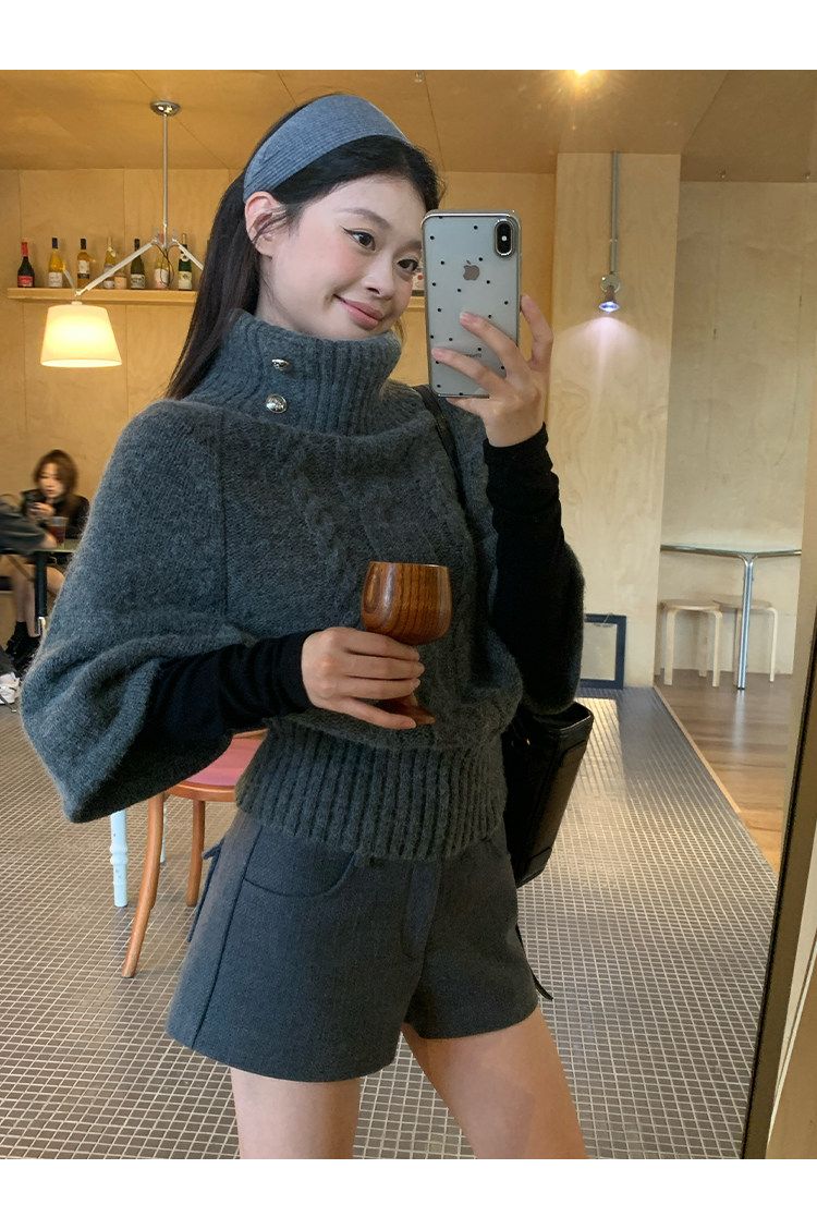 Grey Cable Knit High Neck Batwing Short Sweater