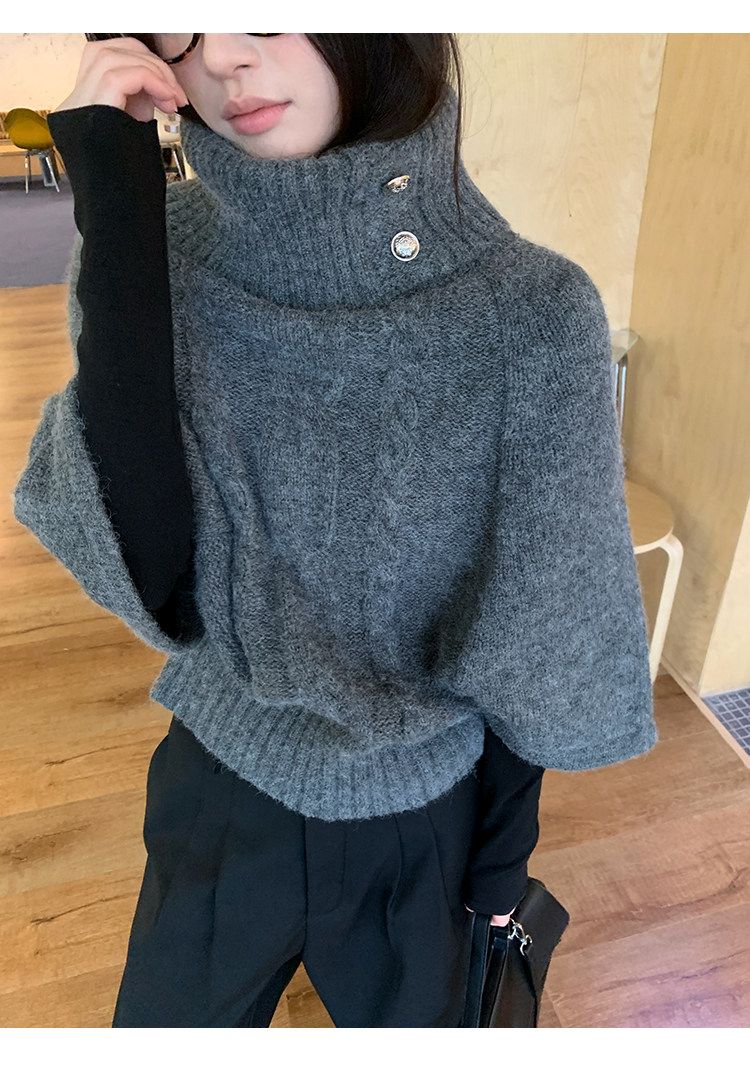 Grey Cable Knit High Neck Batwing Short Sweater