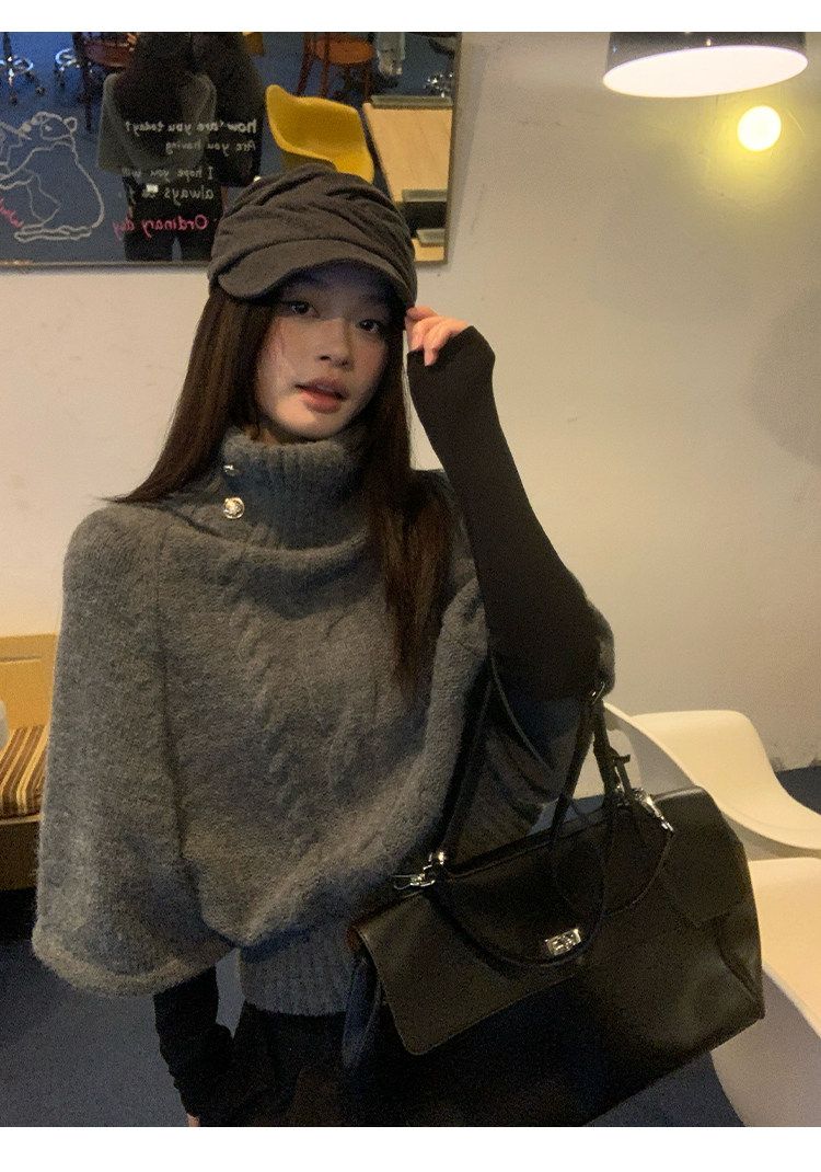 Grey Cable Knit High Neck Batwing Short Sweater
