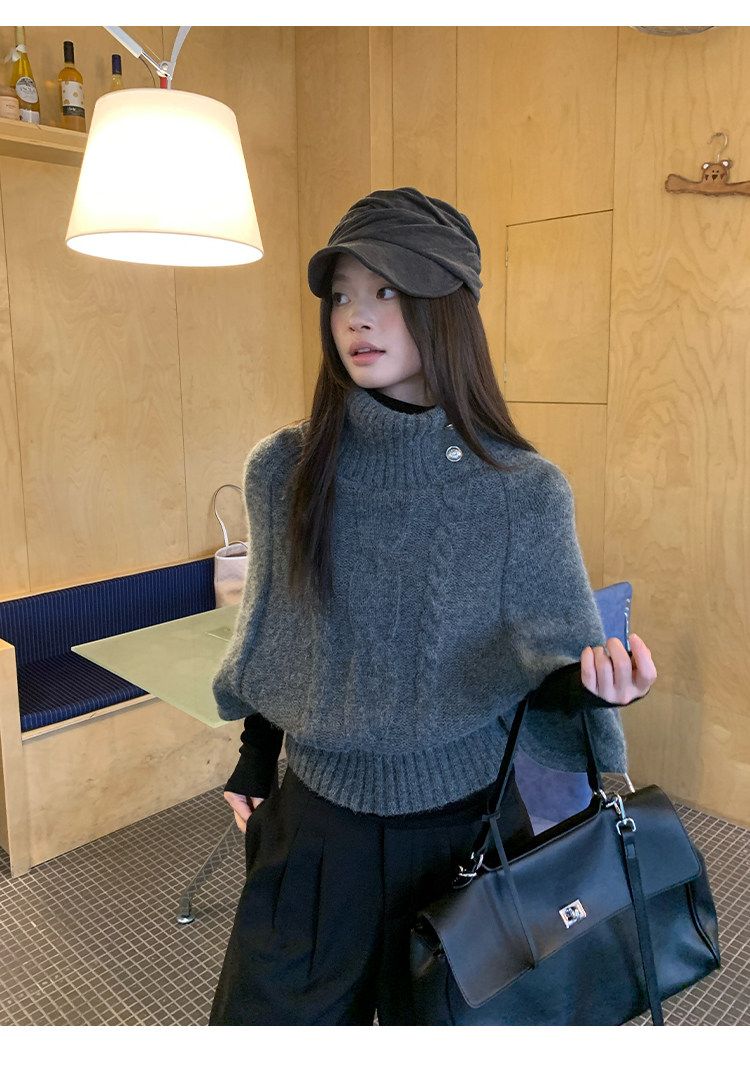 Grey Cable Knit High Neck Batwing Short Sweater