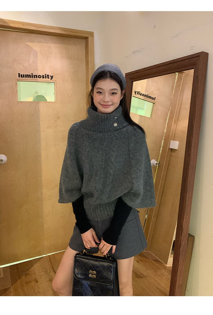 Grey Cable Knit High Neck Batwing Short Sweater
