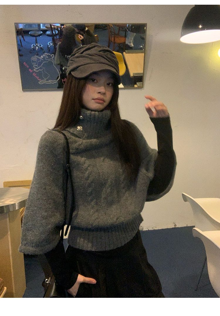 Grey Cable Knit High Neck Batwing Short Sweater