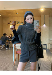 Grey Cable Knit High Neck Batwing Short Sweater